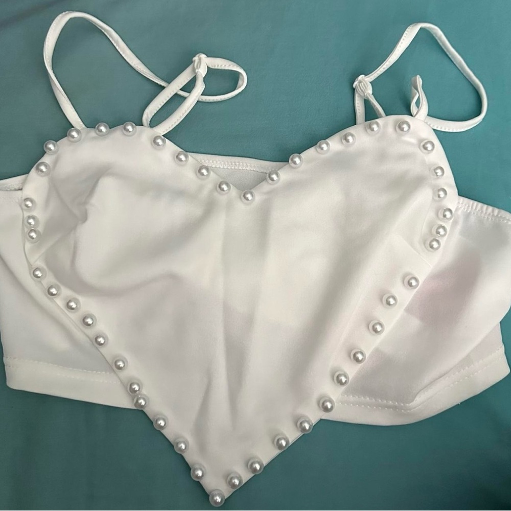 White Pearl Embellished Heart Crop Top